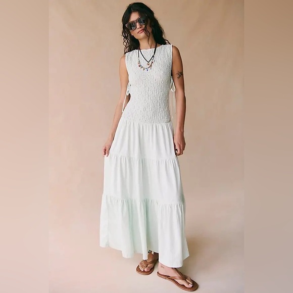 what are some popular graduation dress brands Free People Mint Button Up Ruffle Maxi Dress with Drawstring Sleeves- – The  Saved Collection main image 1